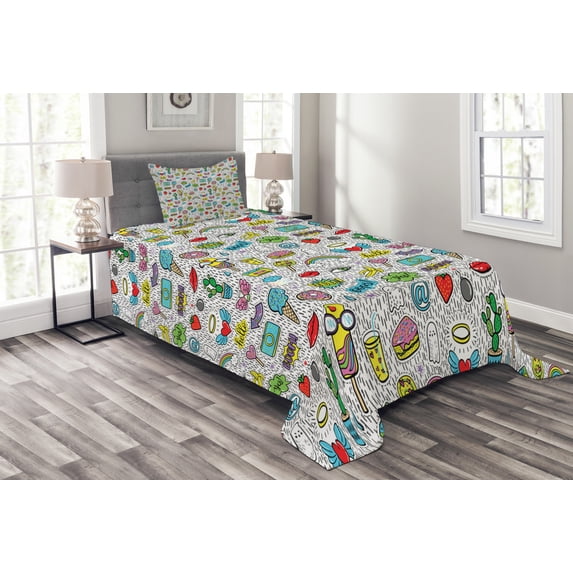 Ambesonne Retro Quilted Bedspread Set 2 Pcs, Pop Art Cartoon Pattern Art, Twin Size, Multicolor