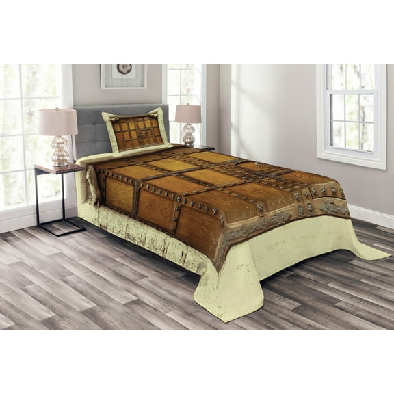 Ambesonne Retro Quilted Bedspread Set 2 Pcs, Rustic Style Door Design, Twin Size, Cream Pale Brown