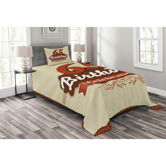 Ambesonne Retro Quilted Bedspread Set 2 Pcs, Spring Floral Details, Twin Size, Eggshell Brown Burgundy