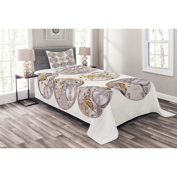 Ambesonne Retro Quilted Bedspread Set 2 Pcs, Technical Theme Clock, Twin Size, Grey Yellow
