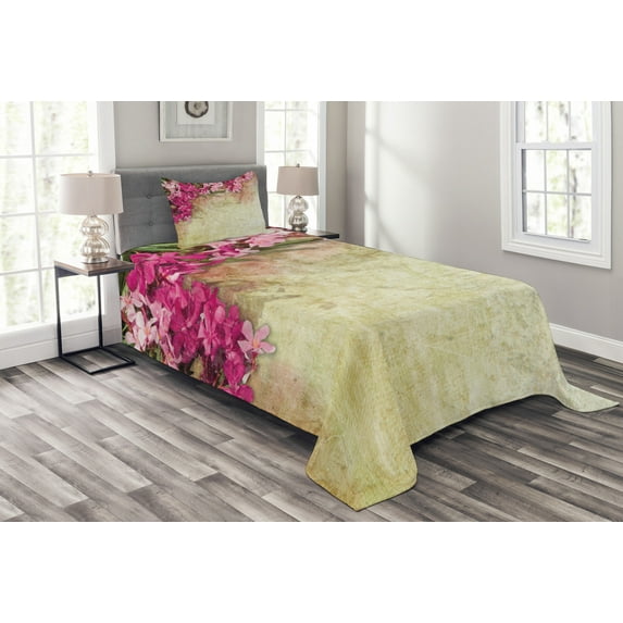 Ambesonne Retro Quilted Bedspread Set 2 Pcs, Vintage Oleander Flowers, Twin Size, Pink Green Pale Yellow