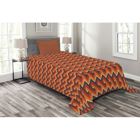 Ambesonne Retro Quilted Bedspread Set 2 Pcs, Wavy Zig Zag Pattern, Twin Size, Multicolor