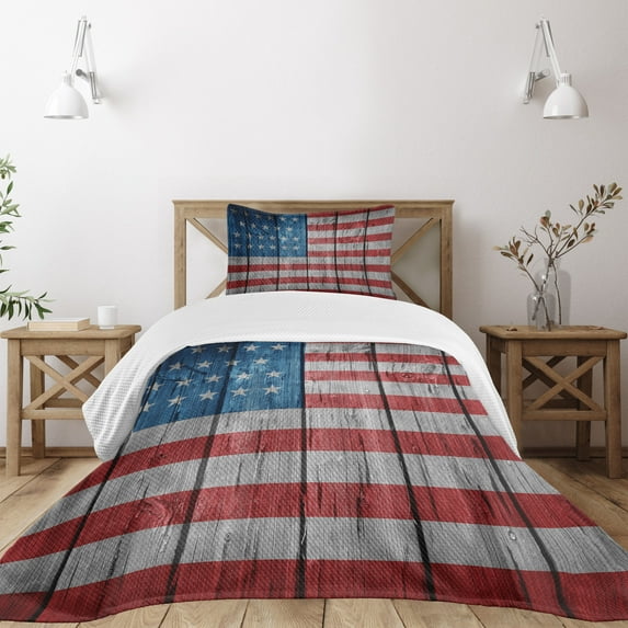 Ambesonne Retro Quilted Bedspread Set 2 Pcs, Worn Style American Flag, Twin Size, Blue Red Pale Grey