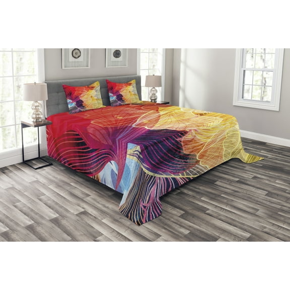Ambesonne Retro Quilted Bedspread Set 3 Pcs, Abstract Colorful Natural, King Size, Multicolor