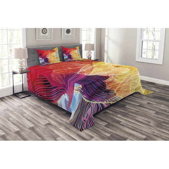 Ambesonne Retro Quilted Bedspread Set 3 Pcs, Abstract Colorful Natural, Queen Size, Multicolor