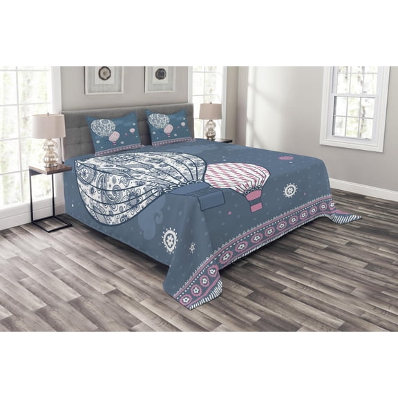 Ambesonne Retro Quilted Bedspread Set 3 Pcs, Air Balloons Polka Dots, Queen Size, Slate Blue Pale Pink