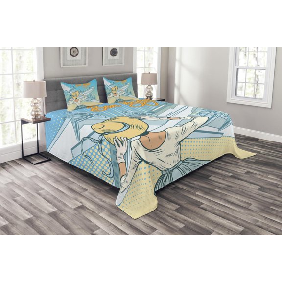 Ambesonne Retro Quilted Bedspread Set 3 Pcs, Aircraft Pop Art, King Size, Pale Blue Yellow