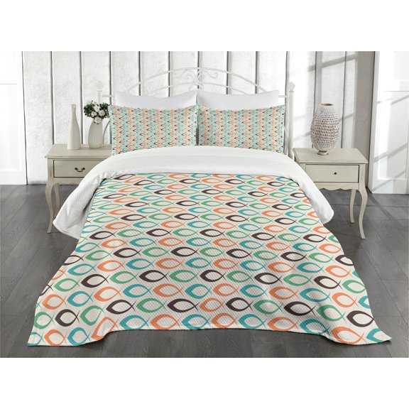 Ambesonne Retro Quilted Bedspread Set 3 Pcs, Aquatic Life Ocean Fish, King Size, Salmon Brown Turquoise