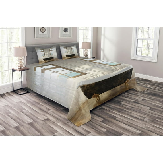 Ambesonne Retro Quilted Bedspread Set 3 Pcs, Bathtub in Modern Room, Queen Size, White Black Pale Brown