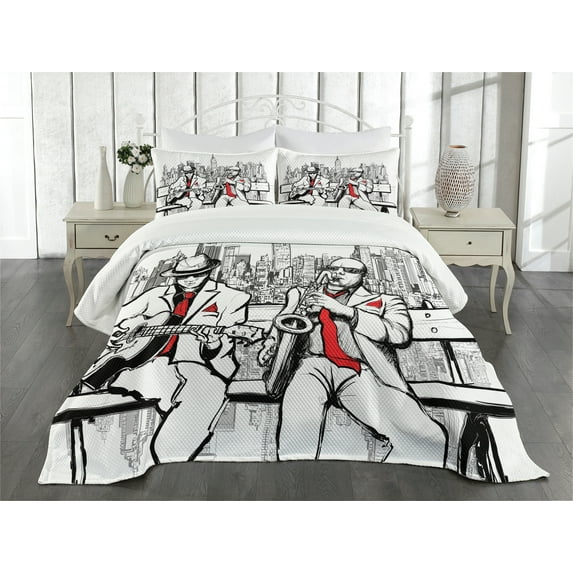 Ambesonne Retro Quilted Bedspread Set 3 Pcs, Beats in New York Night, King Size, Red Black Ecru