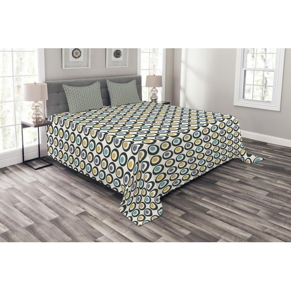 Ambesonne Retro Quilted Bedspread Set 3 Pcs, Bold Circles Polka Dots, Queen Size, Multicolor