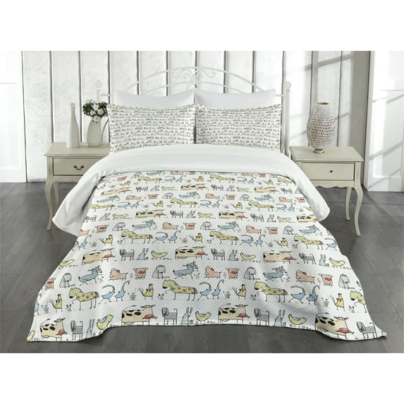 Ambesonne Retro Quilted Bedspread Set 3 Pcs, Cartoon Village Animals, Queen Size, Yellow Beige