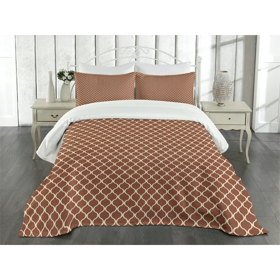 Ambesonne Retro Quilted Bedspread Set 3 Pcs, Chevron Scrolls, Queen Size, Dark Orange Sand Brown