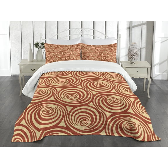 Ambesonne Retro Quilted Bedspread Set 3 Pcs, Circular Spiral Motifs, King Size, Rust and Pale Yellow