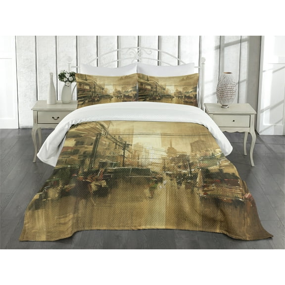 Ambesonne Retro Quilted Bedspread Set 3 Pcs, City Street View, Queen Size, Sand Brown