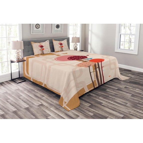 Ambesonne Retro Quilted Bedspread Set 3 Pcs, Colorful Trees Butterfly, Queen Size, Dried Rose Scarlet