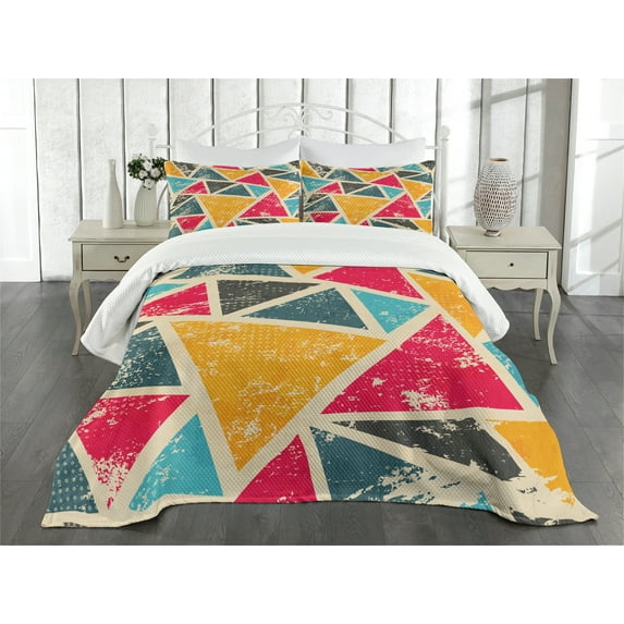 Ambesonne Retro Quilted Bedspread Set 3 Pcs, Funk Art Grungy Abstract, King Size, Multicolor