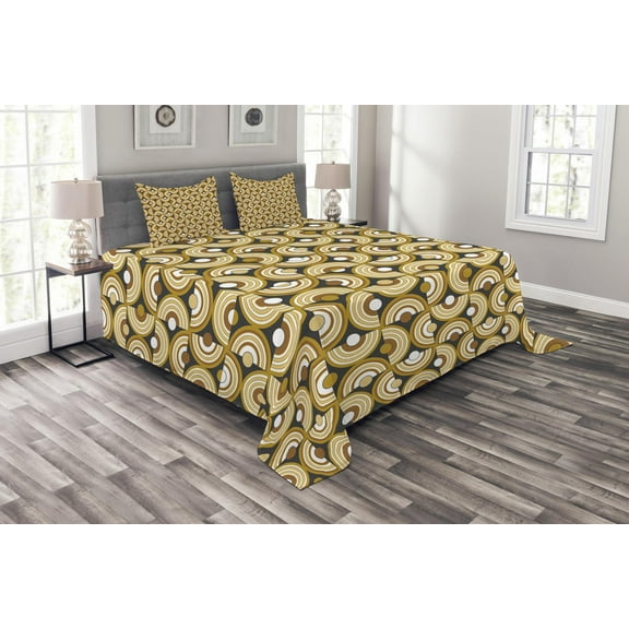 Ambesonne Retro Quilted Bedspread Set 3 Pcs, Funky Abstract Rounded, King Size, Grey Marigold Cinnamon