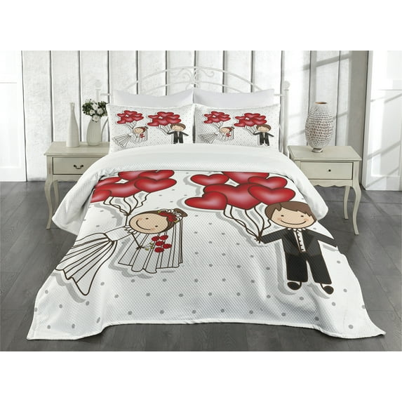 Ambesonne Retro Quilted Bedspread Set 3 Pcs, Funny Newlyweds Balloons, King Size, Red White Black