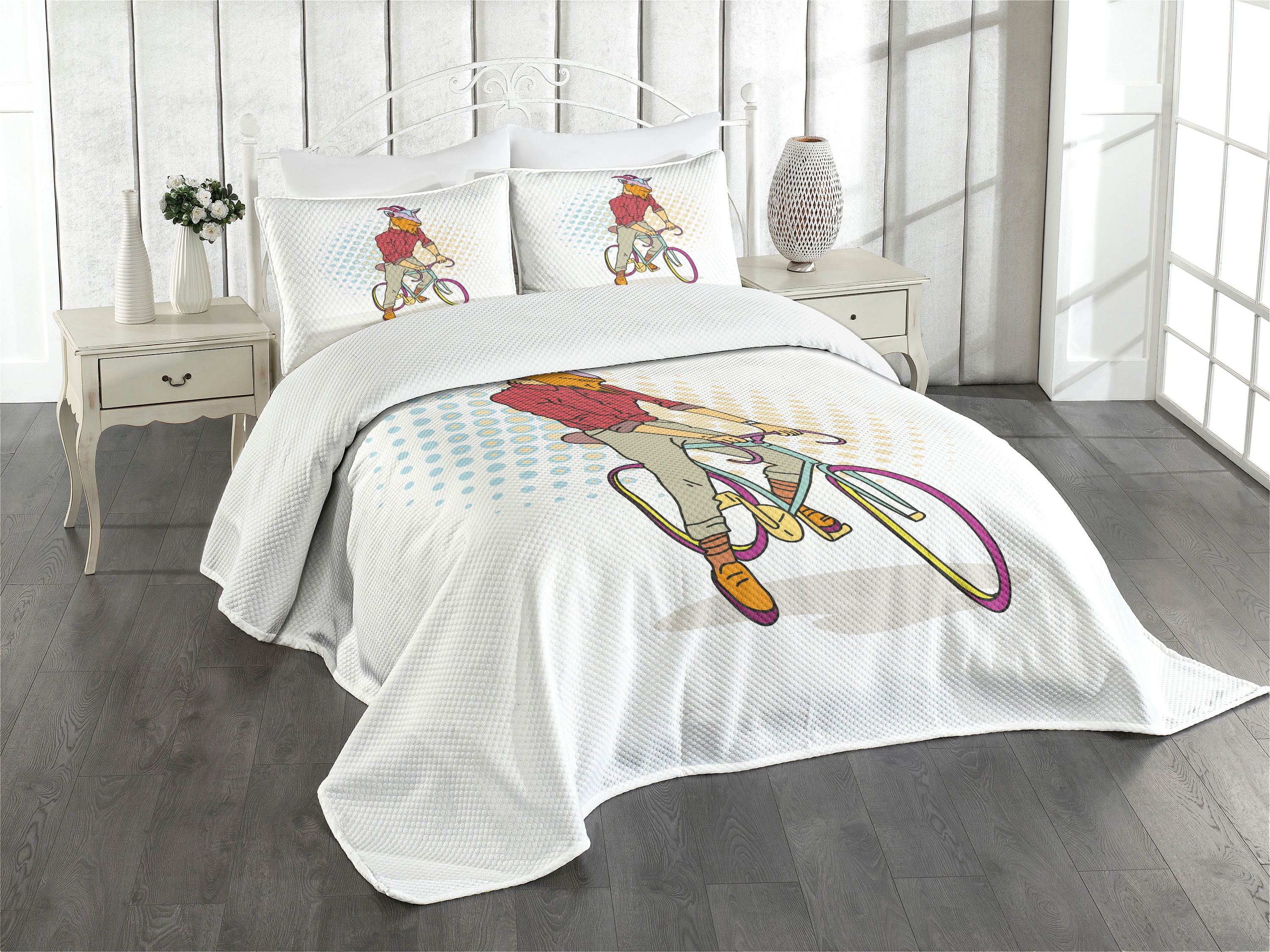 White Hipster Bicycle Print Queen Bedspread Set