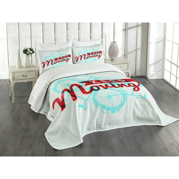 Ambesonne Retro Quilted Bedspread Set 3 Pcs, Hipster Lifestyle Words, King Size, Sky Blue Red Coconut