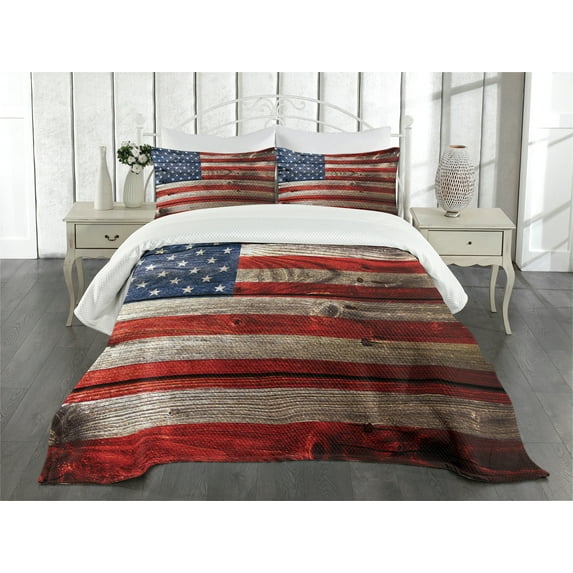 Ambesonne Retro Quilted Bedspread Set 3 Pcs, Independence Day Wall, King Size, Red Blue Tan