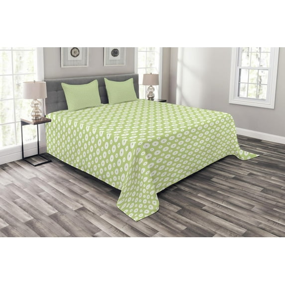 Ambesonne Retro Quilted Bedspread Set 3 Pcs, Inner Circles with Dots, King Size, Pale Green and White