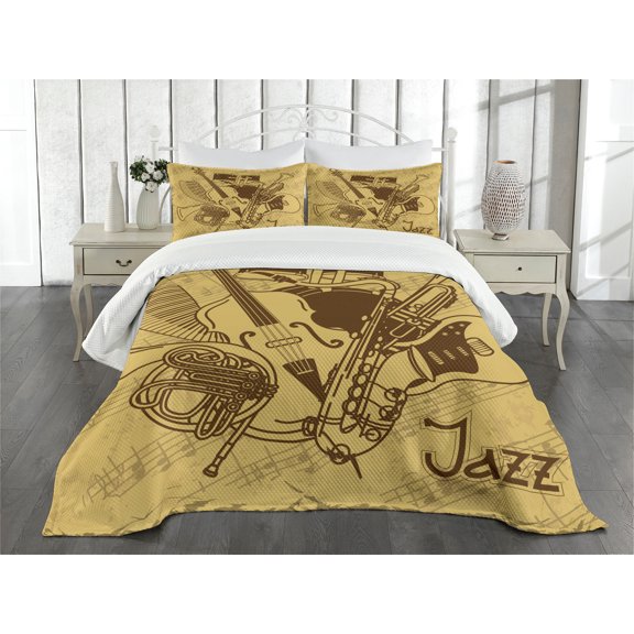 Ambesonne Retro Quilted Bedspread Set 3 Pcs, Jazz Music Equipments, Queen Size, Cream Brown