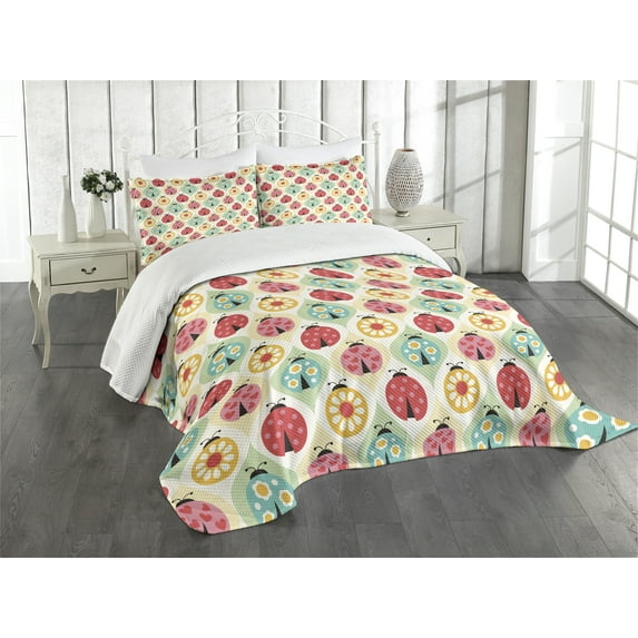 Ambesonne Retro Quilted Bedspread Set 3 Pcs, Ladybugs Retro Cartoon, King Size, Multicolor