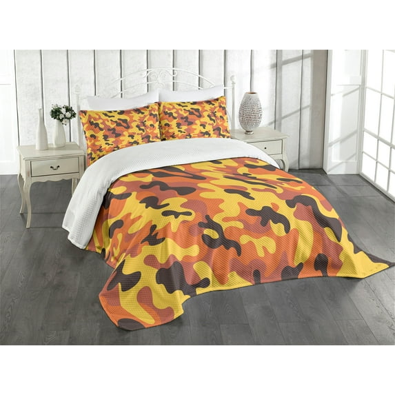 Ambesonne Retro Quilted Bedspread Set 3 Pcs, Lively Colorful Camo Art, Queen Size, Yellow Orange Dried Rose
