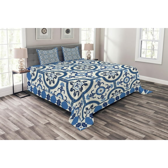 Ambesonne Retro Quilted Bedspread Set 3 Pcs, Moroccan Mosaic, Queen Size, Grey Blue