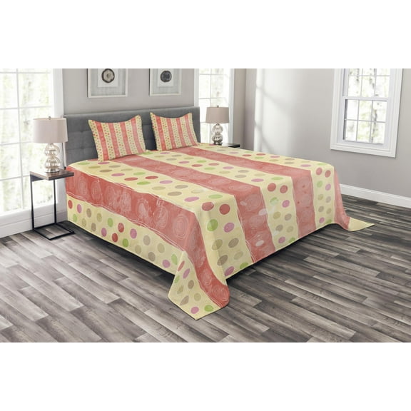 Ambesonne Retro Quilted Bedspread Set 3 Pcs, Nostalgic Stripes Dots, King Size, Pale Yellow Coral