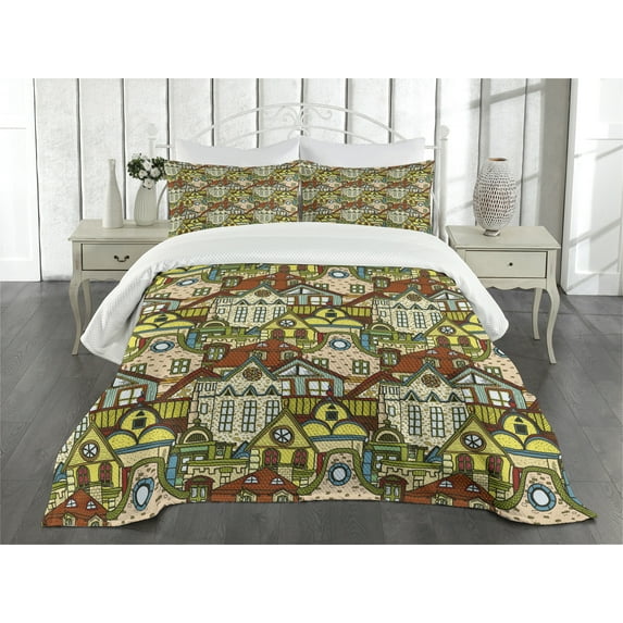 Ambesonne Retro Quilted Bedspread Set 3 Pcs, Old City Colorful Town, King Size, Multicolor