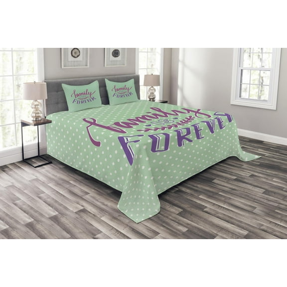 Ambesonne Retro Quilted Bedspread Set 3 Pcs, Polka Dots Family Words, King Size, Purple Violet Mint Green