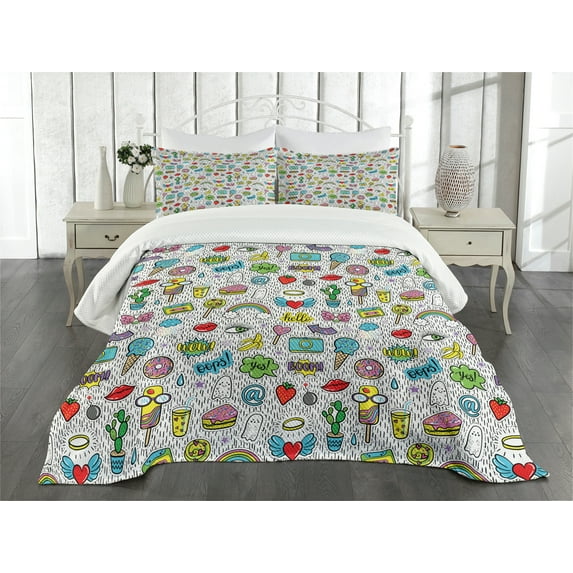 Ambesonne Retro Quilted Bedspread Set 3 Pcs, Pop Art Cartoon Pattern Art, Queen Size, Multicolor