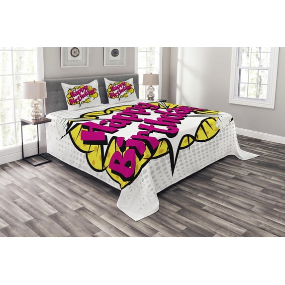 Ambesonne Retro Quilted Bedspread Set 3 Pcs, Pop Art Greeting Dots, Queen Size, Multicolor