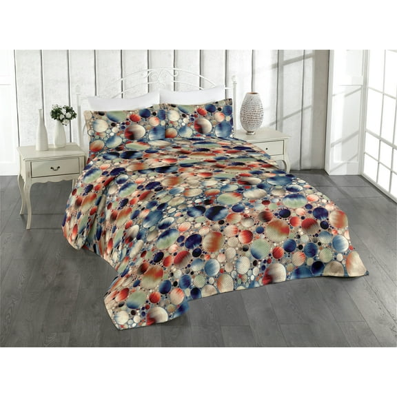 Ambesonne Retro Quilted Bedspread Set 3 Pcs, Rounds Ombre Art Style Motifs, King, Tan Dark Blue and Vermilion