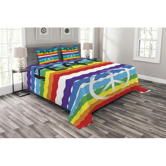 Ambesonne Retro Quilted Bedspread Set 3 Pcs, Stripes Peace Lettering, Queen Size, Multicolor