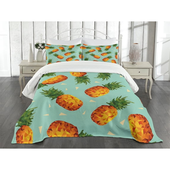 Ambesonne Retro Quilted Bedspread Set 3 Pcs, Vintage Beach Summer, King Size, Olive Green Seafoam