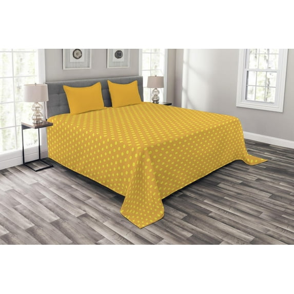 Ambesonne Retro Quilted Bedspread Set 3 Pcs, Vintage Dots Marigold, Queen Size, Marigold and Yellow