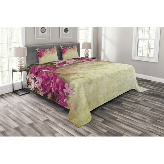 Ambesonne Retro Quilted Bedspread Set 3 Pcs, Vintage Oleander Flowers, Queen Size, Pink Green Pale Yellow