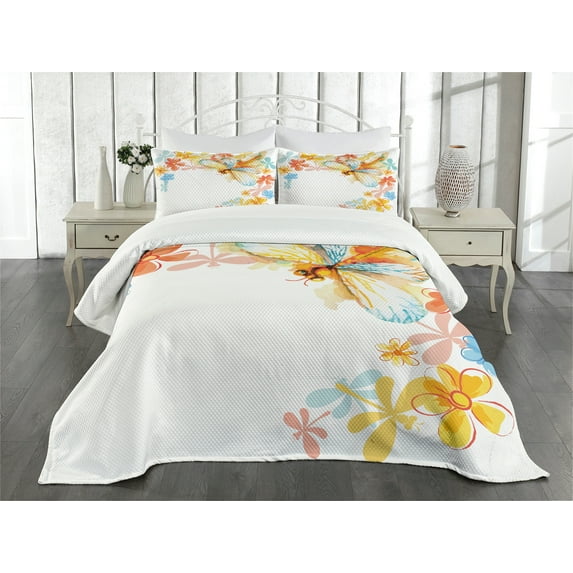 Ambesonne Retro Quilted Bedspread Set 3 Pcs, Vintage Spring Dragonfly, King Size, Multicolor