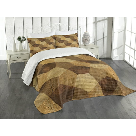 Ambesonne Retro Quilted Bedspread Set 3 Pcs, Wooden Rustic Pattern, Queen Size, Brown Pale Brown
