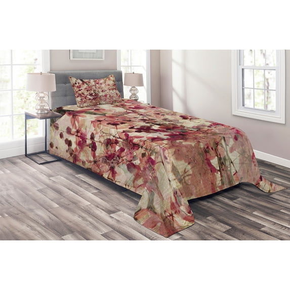 Ambesonne Retro Quilted Coverlet 2 Pcs, Cherry Blossoms Floral, Twin Size, Beige and Pink