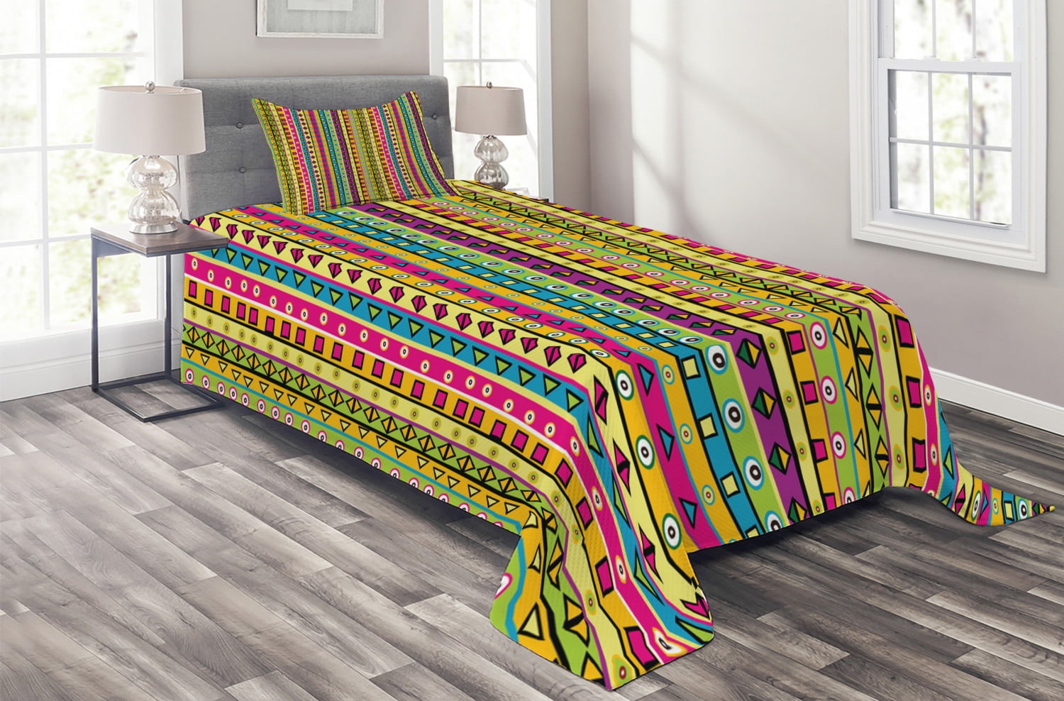 Ambesonne Retro Quilted Coverlet 2 Pcs, Colored Abstract Stripes, Twin ...