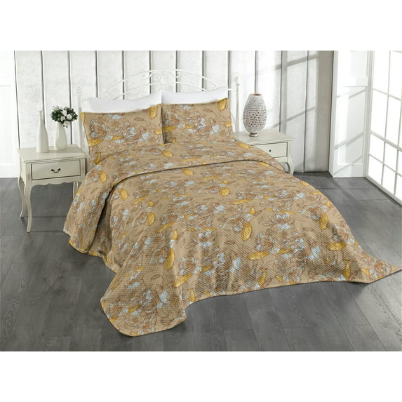Ambesonne Retro Quilted Coverlet 2 Pcs, Floral Art in Warm Colors, Twin Size, Dark Mustard and Sand Brown