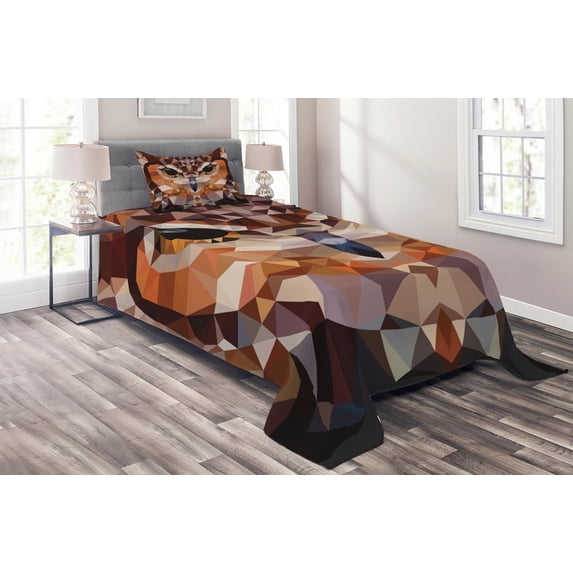 Ambesonne Retro Quilted Coverlet 2 Pcs, Geometric Mosaic Owl Art, Twin Size, Orange Brown