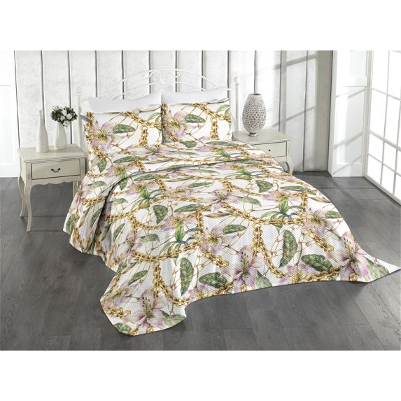 Ambesonne Retro Quilted Coverlet 2 Pcs, Lily Flowers Chain Look Print, Twin Size, Blush Mustard Fern Green