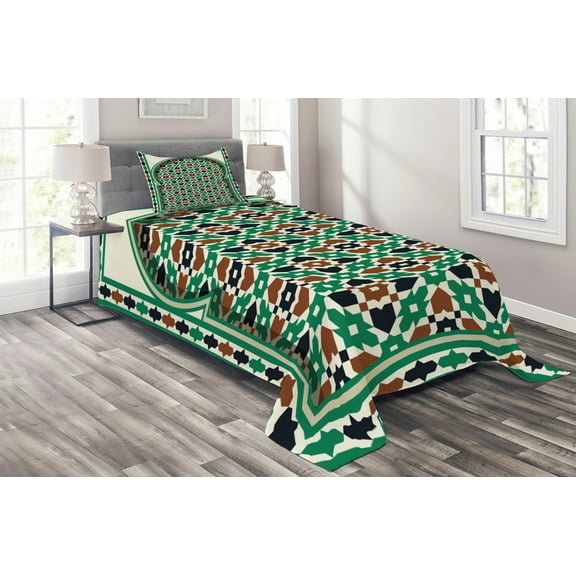 Ambesonne Retro Quilted Coverlet 2 Pcs, Moroccan Arch with Floral, Twin Size, Green and Brown