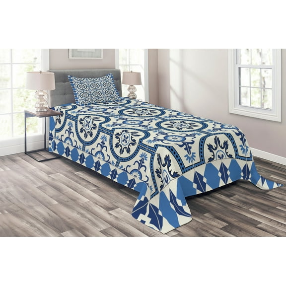 Ambesonne Retro Quilted Coverlet 2 Pcs, Moroccan Mosaic, Twin Size, Grey Blue